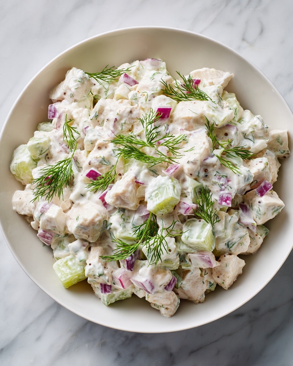 A white shallow bowl filled with a creamy chicken salad made of small, cubed pieces of chicken mixed with chopped red onions and celery, all coated in a thick, white mayonnaise dressing. Fresh sprigs of dill are scattered on top, adding a touch of green contrast against the creamy white and pale colors of the salad. The bowl sits on a white marbled surface. photo taken with an iphone --ar 4:5 --v 7
