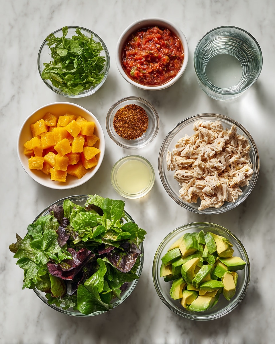 The image shows seven bowls and a glass with different food items on a white marbled surface. Starting from the bottom left, there is a large clear glass bowl filled with mixed leafy greens, mostly dark and light green with some purple leaves on top. Moving up, a medium white bowl is filled with bright orange cubed pieces of fruit. To the right of this, a small clear bowl contains a chunky red salsa. Next, a glass filled with clear water is on the top right. Below the glass, a small white bowl holds a pale yellow liquid. Beside it, a small clear bowl has reddish-brown spice powder. To the right, a medium clear glass bowl is heaped with shredded light beige cooked chicken. At the bottom right, a medium white bowl contains chunks of green avocado with pale yellow inside. All items are arranged neatly and clearly visible. Photo taken with an iphone --ar 4:5 --v 7