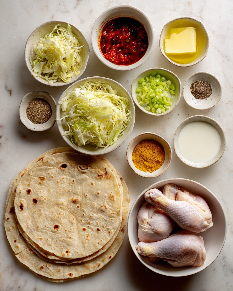 The image shows ingredients neatly arranged on a white marbled surface. There are two raw chicken pieces in a round white bowl on the right. Next to it is a group of several round white bowls with different contents: shredded light green cabbage, bright green chopped celery, red chili paste, white yogurt, bright yellow turmeric powder, a small piece of butter, black pepper powder, and some salt. Near the bottom left, there are two round flat tortillas stacked on each other with a light beige color and small brown spots. The ingredients are all placed in small round white bowls with smooth textures, organized carefully around the center space. photo taken with an iphone --ar 4:5 --v 7