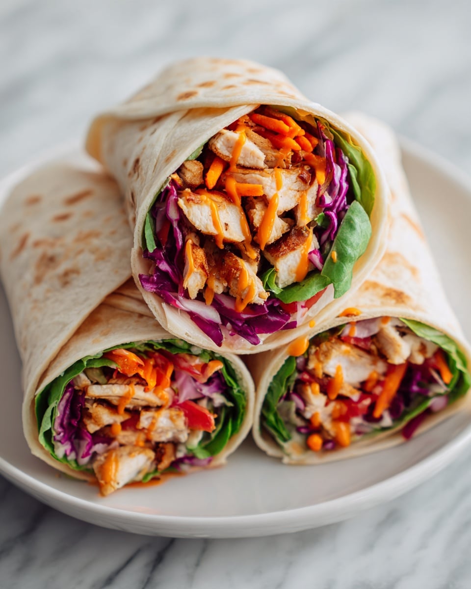 The image shows three wraps stacked on a white plate, each filled with multiple layers. The outer layer is a light beige soft tortilla. Inside, there is a layer of green lettuce followed by pieces of cooked chicken with a light golden color. There are also bright orange sauce streaks drizzled over the chicken. Thin slices of purple onion and some shredded carrots add more color and texture inside the wraps. The scene is set on a white marbled surface. The photo is taken with an iphone --ar 4:5 --v 7