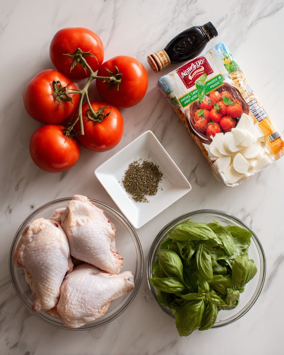 The image shows fresh ingredients arranged on a white marbled surface. There is a bunch of bright red tomatoes with green stems on the left side. Near the tomatoes, there is a small white square dish filled with dried herbs that look greenish-brown. In the center is a clear glass bowl containing two raw chicken pieces with a smooth, light pink skin and some creamy white fat. Below the chicken, there is another clear glass bowl holding fresh green basil leaves. On the right side, a clear packet of sliced mozzarella cheese with colorful packaging featuring a picture of tomato slices and basil leaves lies flat. Behind the cheese, a dark bottle is slightly visible. photo taken with an iphone --ar 4:5 --v 7