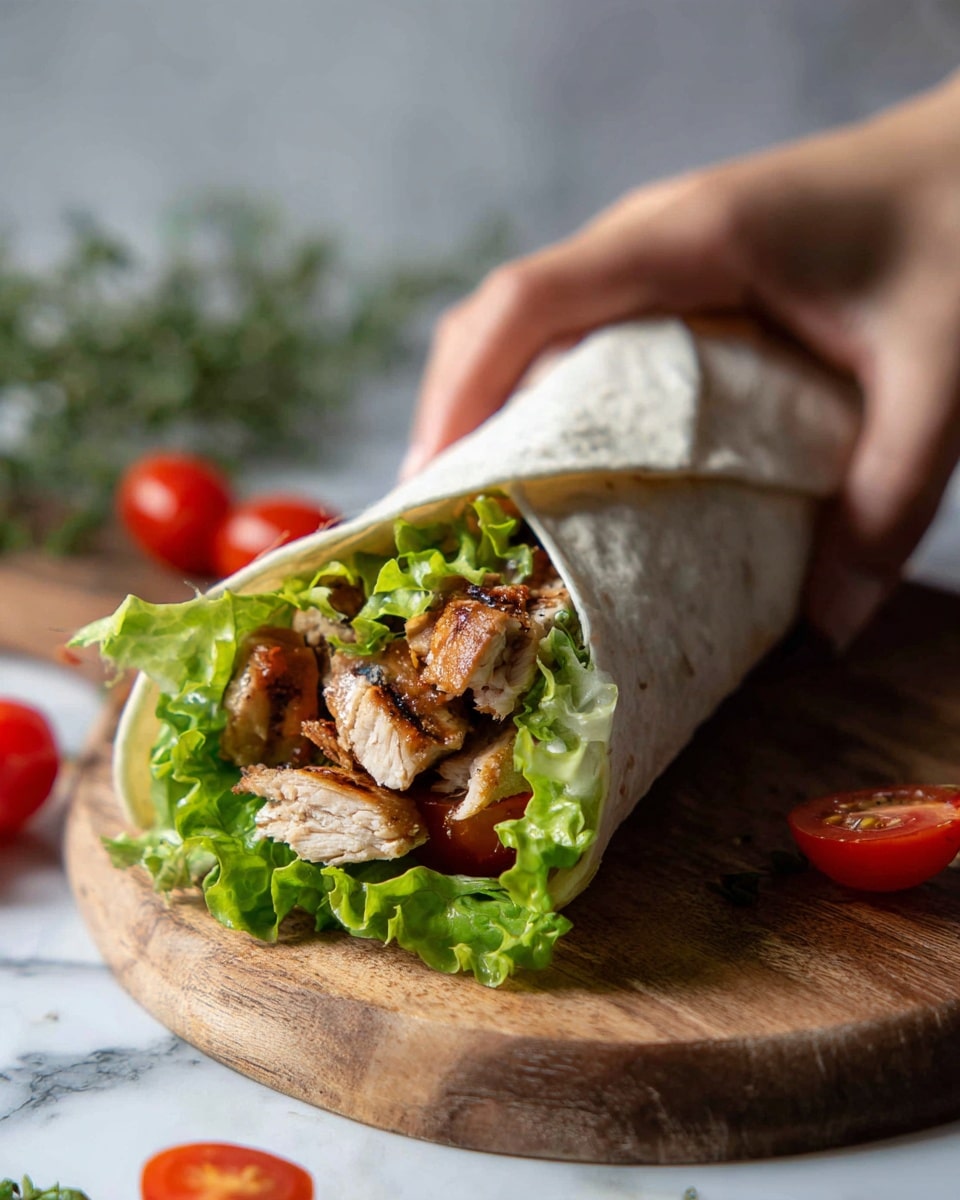 A close-up of a wrap with grilled chicken pieces inside, visible at the open end. The wrap is white and soft, holding green leafy lettuce under the chicken. Small bright red cherry tomato halves are placed both inside the wrap and beside it on a natural wooden board. The wooden board rests on a white marbled surface, and a woman's hand is holding the wrap gently from one side. In the background, some blurred cherry tomatoes and greenery add color to the scene. Photo taken with an iphone --ar 4:5 --v 7