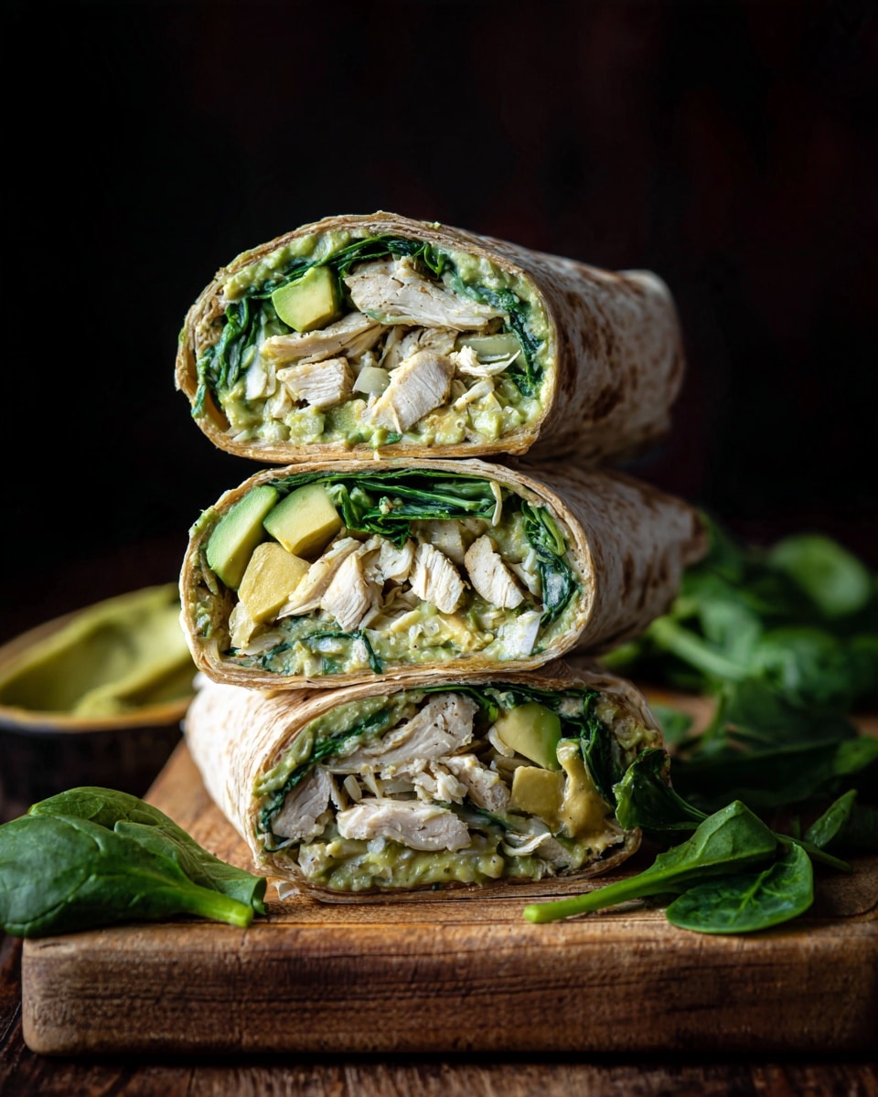 The image shows a stack of three cut wrap halves with several layers visible inside. The outer layer is a light brown tortilla. Inside, layers from top to bottom include a green chunky spread, shredded white chicken, light yellow artichoke hearts, creamy light green avocado slices, and fresh dark green spinach leaves. The wraps are placed on a wooden board with a dark background, and some spinach leaves are on the side. Photo taken with an iphone --ar 4:5 --v 7
