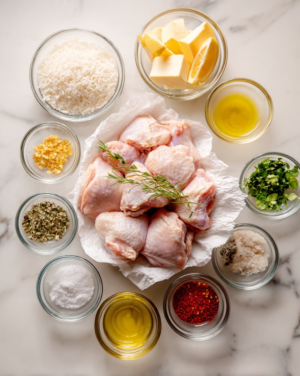 The image shows seven raw chicken pieces placed in the center on a piece of white paper towel, arranged in a loose pile. Around the chicken, there are 12 small glass bowls arranged in a circle on a white marbled surface. Each bowl holds different ingredients: white rice, lemon slices, melted butter, butter cubes, fresh green herbs, yellowish mustard seeds, white granulated salt, red chili powder, some kind of oil, a small amount of garlic paste or powder, and a couple other spice mixtures. The scene is well-lit and clean, with all ingredients clearly visible. Photo taken with an iphone --ar 4:5 --v 7