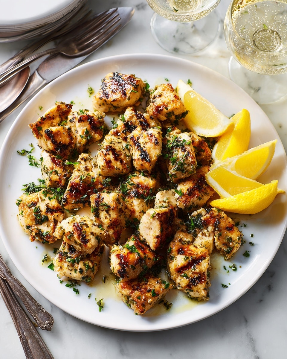 The image shows a white plate filled with about thirty small, golden-brown grilled chicken pieces scattered across the surface. Each piece has a slightly crispy texture with visible grill marks and small green herb flakes sprinkled on top. On the right side of the plate, there are three bright yellow lemon wedges stacked together. The plate sits on a white marbled surface, and nearby are two clear glasses of sparkling water along with a silver fork and spoon resting on the table. The lighting highlights the juicy and slightly shiny surface of the chicken, making it look freshly cooked. photo taken with an iphone --ar 4:5 --v 7