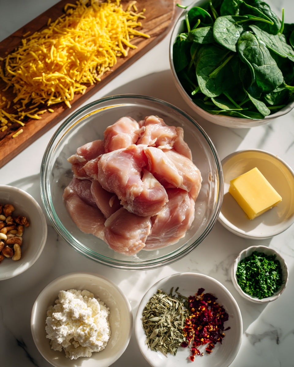 The image shows raw pieces of chicken placed in a clear glass bowl at the center on a white marbled surface. Below the bowl, there are small white dishes containing various ingredients: a mound of white cheese on the left, yellow butter square in the middle, and green chopped herbs on the right. Above the chicken bowl, a white bowl is filled with fresh green spinach leaves. To the left side of the chicken, a wooden board holds shredded yellow cheese. Small white dishes near the bottom left contain red spices and nuts. The lighting highlights the fresh and clean look of all ingredients. Photo taken with an iphone --ar 4:5 --v 7