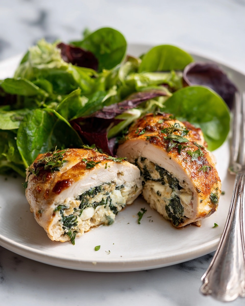 On a white plate with a white marbled surface, there are two stuffed chicken breasts placed side by side on the right. Each chicken breast is golden-brown with a slightly crispy texture, topped with small bits of green herbs. Inside the chicken breasts, layers of white cheese mixed with finely chopped dark green spinach are visible, creating a creamy and leafy filling. On the left side of the plate, there is a fresh salad made up of various leafy greens including bright green spinach and darker purple lettuce. A silver fork rests on the right edge of the plate. Photo taken with an iphone --ar 4:5 --v 7