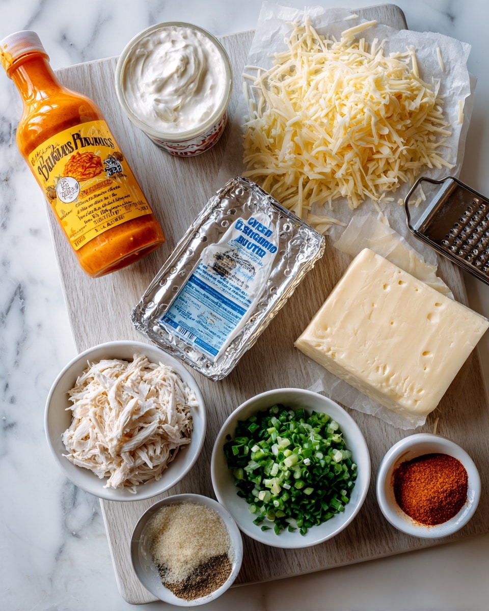 The image shows several ingredients neatly arranged on a light wood surface with a white marbled background. From top left, there is a bottle of bright orange buffalo wing sauce with a yellow label. Next to it is a round white tub of sour cream with a red and blue label. Below that is a rectangular block of cream cheese wrapped in silver foil with blue writing. To the right is a block of pale yellow cheese, partially grated with thin shreds spread beside a silver grater. In the lower half of the image, there are small white bowls: one filled with shredded pale chicken, one with chopped green onions, another with chopped fresh parsley, and two small ones containing different powdered spices in tan and orange-red colors. photo taken with an iphone --ar 4:5 --v 7