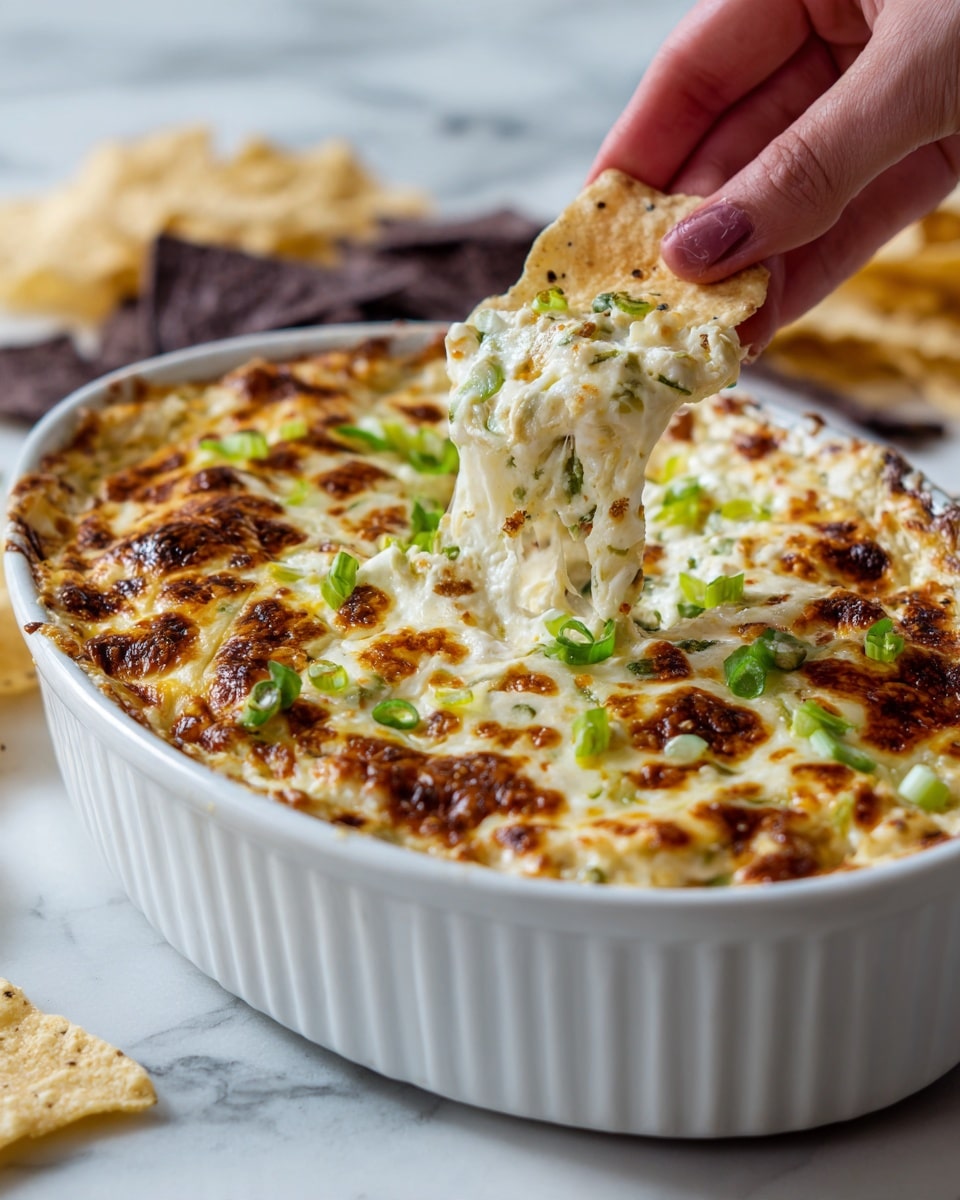 A white oval dish filled with a baked cheesy dip showing a golden-brown bubbly top with small browned spots and pieces of green onions scattered across the surface. The dip looks creamy and thick with melted cheese stretching upward as a woman's hand lifts a textured beige chip from the dish. The background is a white marbled texture, with some beige and dark chips scattered around the dish. photo taken with an iphone --ar 4:5 --v 7