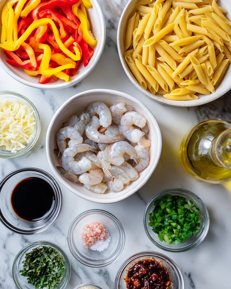 The image shows an organized arrangement of cooking ingredients on a white marbled surface. Starting from the top left, there is a white bowl with thin red and yellow bell pepper slices, next to it a white bowl filled with uncooked yellow penne pasta. To the right, there is a glass bottle of light yellow oil. Below the pasta, a white bowl holds raw peeled shrimp with tails on. Around these main bowls are smaller glass and ceramic bowls containing a variety of ingredients: chopped green onions and minced garlic, two different dark sauces, a wet red paste, a small amount of fine pink salt, green herbs, and clear liquid water. The overall colors are warm and fresh with yellows, reds, greens, and the pale shrimp, all on a clean white marbled background that highlights each ingredient clearly. photo taken with an iphone --ar 4:5 --v 7
