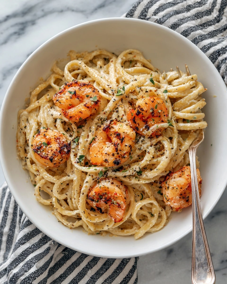 A white bowl filled with creamy pasta topped with several cooked shrimp showing a light orange color and slight char marks. The pasta is thick and coated evenly in a light sauce with visible specks of seasoning. Some small green herbs are scattered on top for garnish. On the side of the bowl, a fork rests partially inserted into the pasta. The bowl sits on a white marbled surface with a striped cloth next to it. photo taken with an iphone --ar 4:5 --v 7