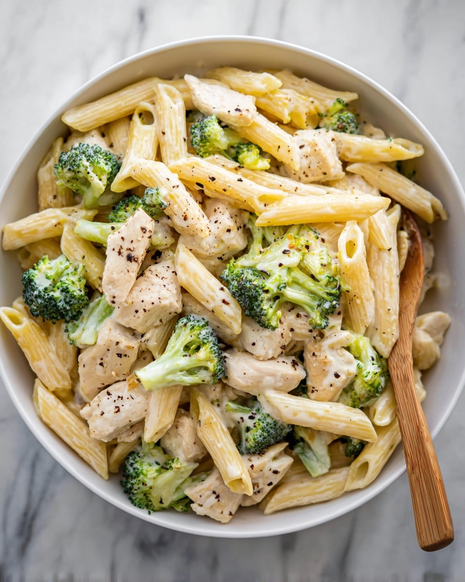 The dish shows a white bowl filled with penne pasta covered in a creamy light sauce. Mixed in are small pieces of light brown cooked chicken and bright green broccoli florets. The pasta and vegetables look soft but fresh, and the dish is sprinkled with small black pepper bits on top. A wooden fork with a light brown color rests inside the bowl. The background is a white marbled surface. photo taken with an iphone --ar 4:5 --v 7