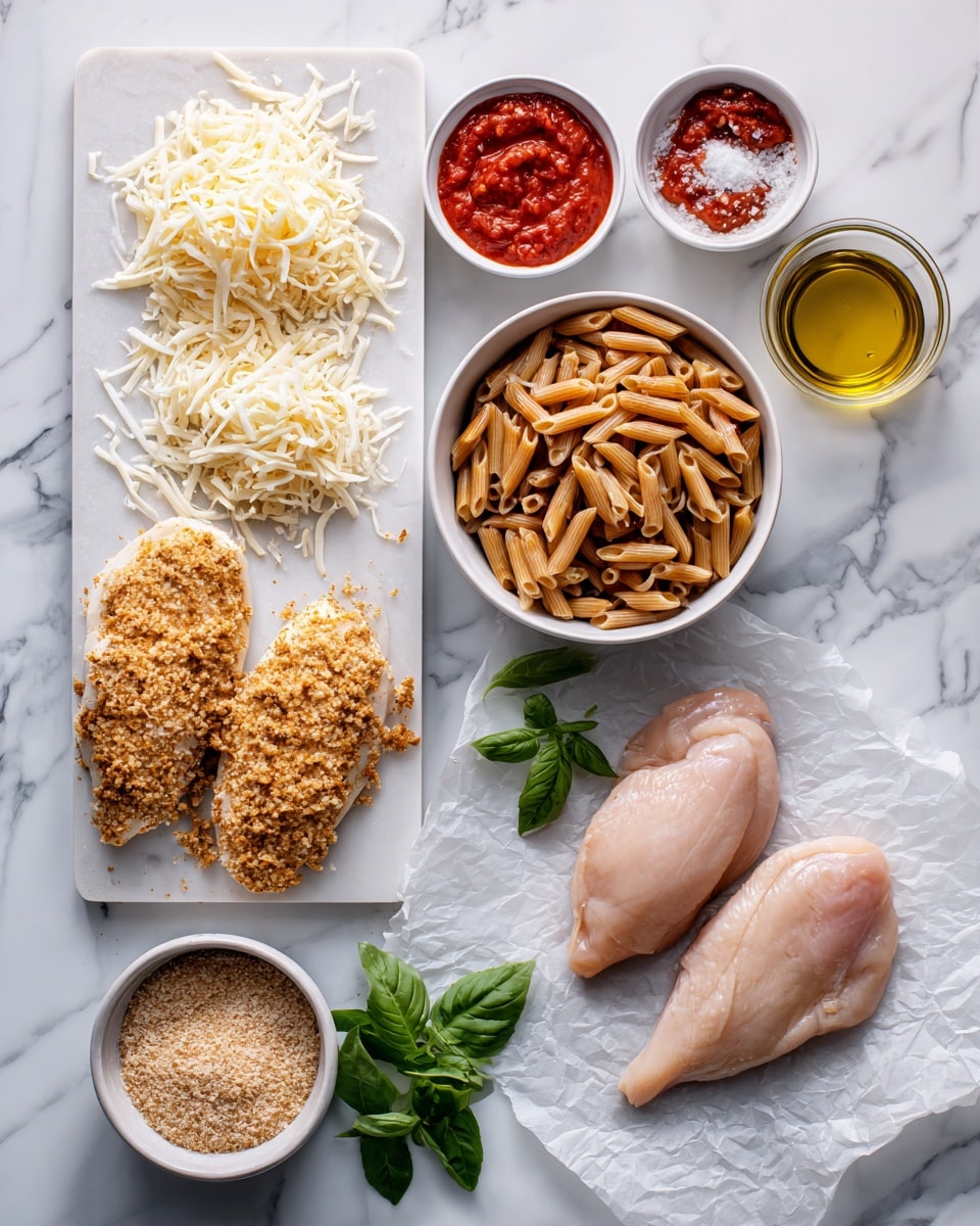 The image shows various ingredients arranged neatly on a white marbled surface. On the left, there is a small white board with two piles of shredded cheese, one lighter and one slightly darker on top of it. Next to it are three small white bowls, containing red tomato sauce, chopped garlic, and salt. In the center is a white bowl filled with cooked brown pasta. On the right side, two raw chicken pieces rest on white parchment paper. Below the bowls, there are a few fresh green basil leaves and a small clear glass container with golden olive oil. Next to these, a white bowl with light brown breadcrumbs sits beside the chicken. A woman's hand is lightly placing the chicken on the parchment. photo taken with an iphone --ar 4:5 --v 7