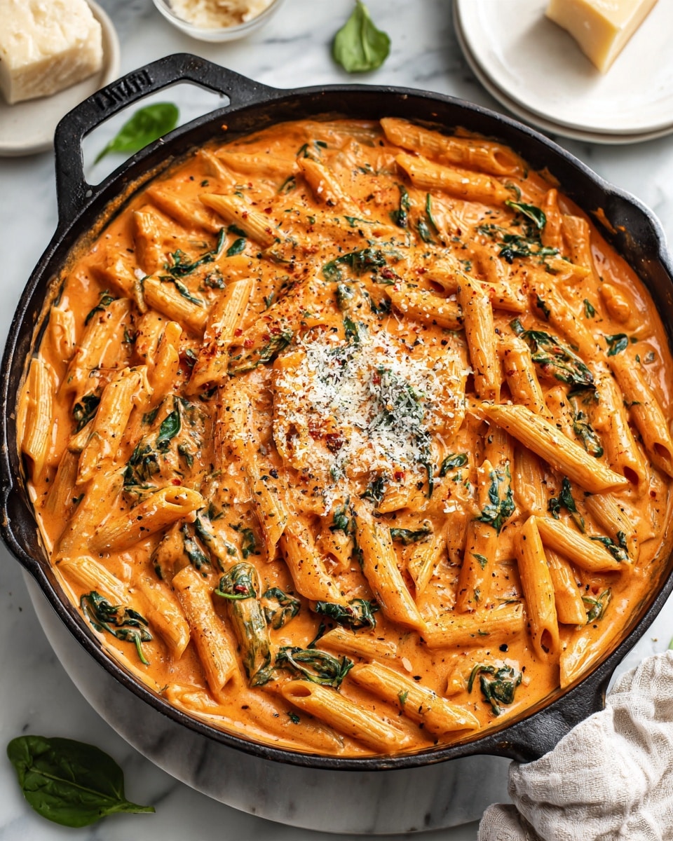 A black cast iron pan filled with penne pasta covered in creamy orange tomato sauce. The pasta is topped with some green spinach leaves scattered throughout and sprinkled with grated cheese in the center. The dish is on a white marbled surface with a white plate and a cheese block visible nearby. The texture of the sauce looks smooth and rich, and the pasta appears soft but firm. photo taken with an iphone --ar 4:5 --v 7