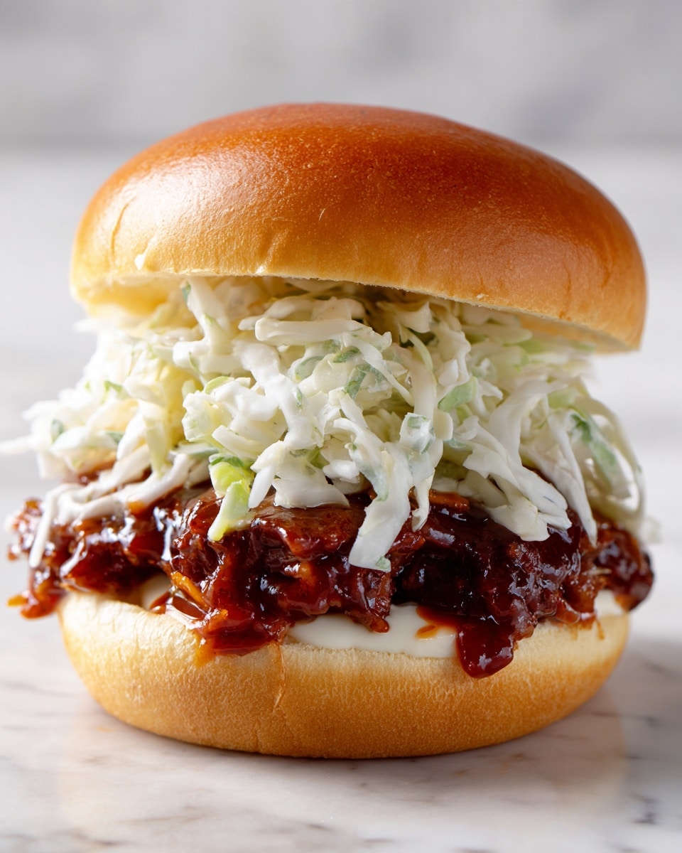 The image shows a sandwich with three visible layers on a white marbled surface. The bottom layer is a soft, light brown bun that looks fluffy. On top of this bun, there is a thick piece of grilled meat covered in a shiny dark reddish-brown sauce. Above the meat, there is a generous pile of white shredded cabbage, loose and uneven. The sandwich is finished with a smooth, slightly shiny light brown top bun. Photo taken with an iphone --ar 4:5 --v 7