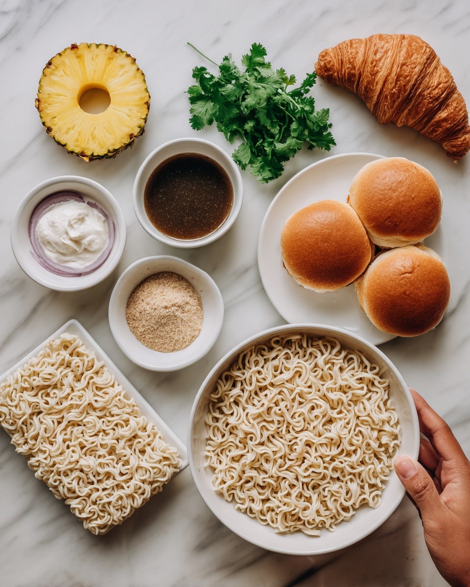 The image shows ingredients laid out on a white marbled surface. In the center bottom, there is a block of uncooked, pale beige instant ramen noodles. To the right, there are three soft, shiny brown sandwich buns stacked in a white bowl. Above the noodles, a small bunch of fresh green cilantro is placed. At the top center, a single bright yellow pineapple ring is on the surface. On the left side, there is a small white bowl with thin slices of raw red onion. At the top left, four small white bowls contain different ingredients: one with a clump of white cream, one with a light beige paste, another with a dark soy-like sauce, and the last with some light brown powder. A golden brown croissant is also visible near the top center. A woman's hand holds one white bowl with a light beige paste near the center-right. photo taken with an iphone --ar 4:5 --v 7