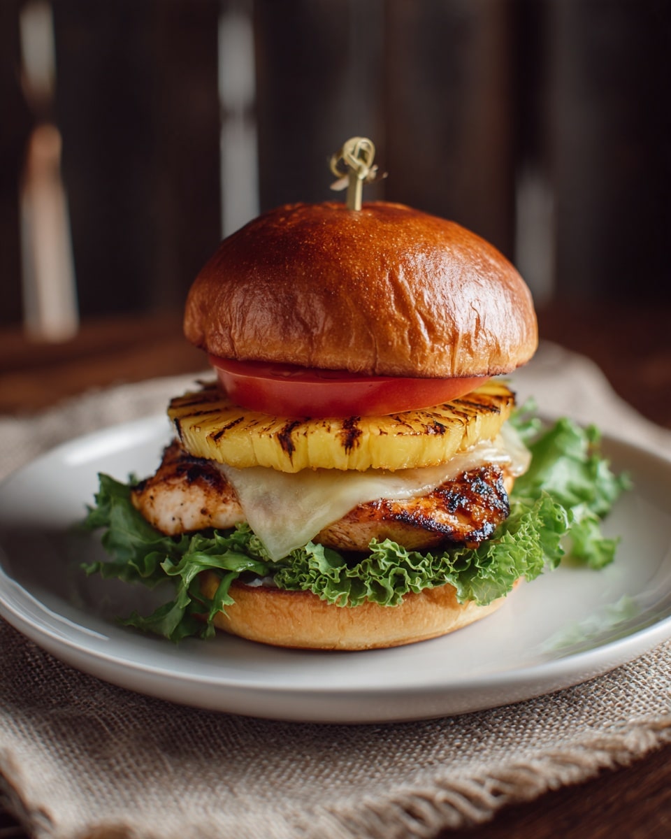 The image shows a burger with a shiny golden brown bun on top, held together with a small skewer. Inside, from top to bottom, there is a thick red tomato slice, green lettuce leaves, a grilled pineapple ring with light char marks, a melted slice of light yellow cheese, and a piece of cooked chicken with grill marks. The burger sits on a white plate, placed on a rough beige cloth, with a blurry dark wooden background. The photo taken with an iphone --ar 4:5 --v 7