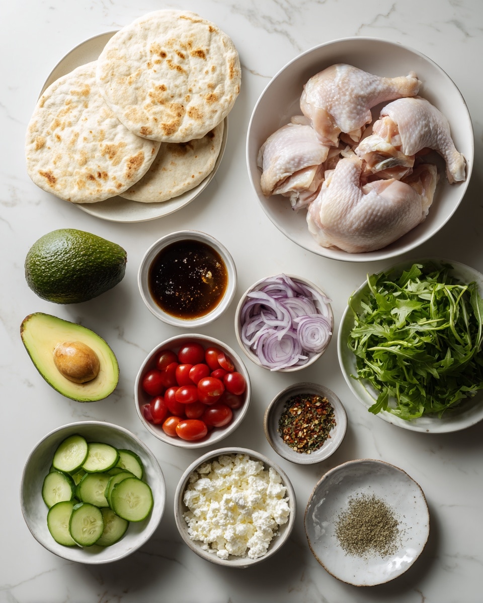 The image shows a flat lay of ingredients arranged neatly on a white marbled surface with a white round bowl containing raw chicken thighs in the top right corner. To the left, there are four round pita breads stacked on a white plate. Below the chicken, there is a whole avocado. Around these main items, smaller white bowls and dishes hold sliced cucumbers, cherry tomatoes, thinly sliced red onions, a dark sauce, fresh green arugula, crumbled white cheese, and a small bowl of creamy white sauce. A white round dish contains a few dried herbs or seasoning. The setup is clean and organized, with each ingredient clearly visible. Photo taken with an iphone --ar 4:5 --v 7