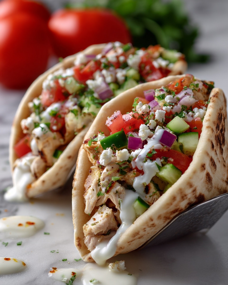 Two small pockets of soft, light brown pita bread are filled with a mix of small pieces of cooked white meat, diced red tomato, green cucumber, and purple onion, topped with small white crumbles and drizzled with a smooth white sauce. The pita pockets stand upright in a silver metal holder on a white marbled surface, with blurred red tomato and some green in the background. Some sauce drops are visible outside the pockets. photo taken with an iphone --ar 4:5 --v 7