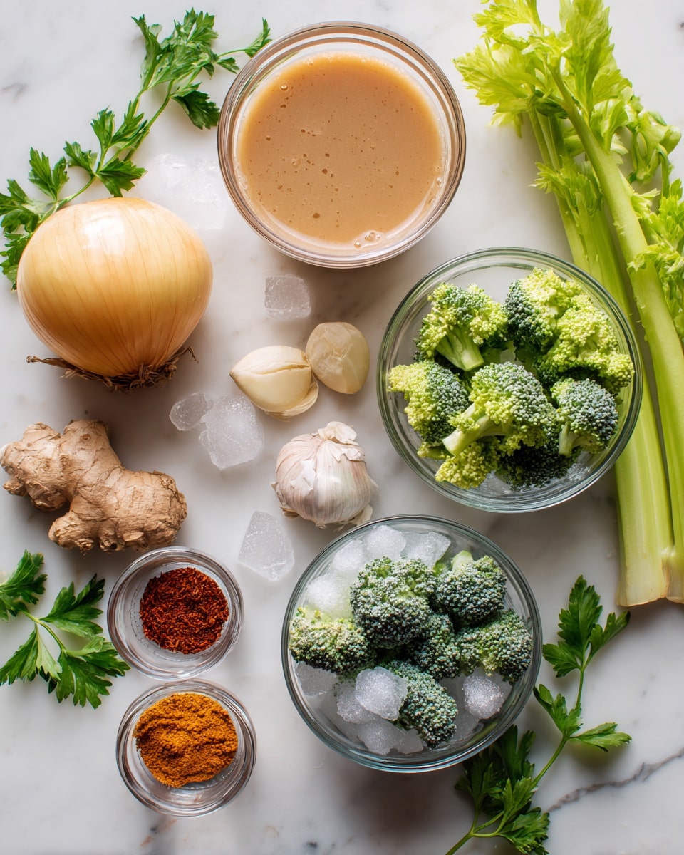 The image shows various fresh and frozen ingredients arranged on a white marbled surface. Starting from the top center, there is a clear glass bowl filled with light brown liquid. Below it and to the right, two small clear glass bowls hold frozen green chopped vegetables and frozen broccoli florets, both covered lightly with ice crystals. To the left of the liquid bowl is a whole yellow onion with dry skin. Near the onion are four garlic cloves, some peeled and some not, along with a small piece of ginger root. In the bottom left corner, a small clear glass bowl contains three different ground spices in reddish-brown, orange, and light brown colors. Fresh green parsley leaves lie scattered around the edges, with long green celery stalks visible at the top right corner. photo taken with an iphone --ar 4:5 --v 7
