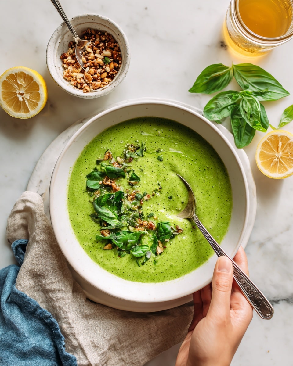 A white bowl filled with vibrant green soup is placed on a white marbled surface; the soup has a smooth texture and is topped with fresh basil leaves and small chopped green herbs. A woman's hand holds a silver spoon inside the bowl. Next to the bowl, on the surface, there is a white plate with fresh basil leaves spread out. To the left, a small white bowl contains a grain or nut topping with a silver spoon resting inside. A blue cloth napkin and a beige cloth napkin are underneath the bowl and spoon. A halved lemon and a glass jar with a golden liquid are nearby. Photo taken with an iphone --ar 4:5 --v 7