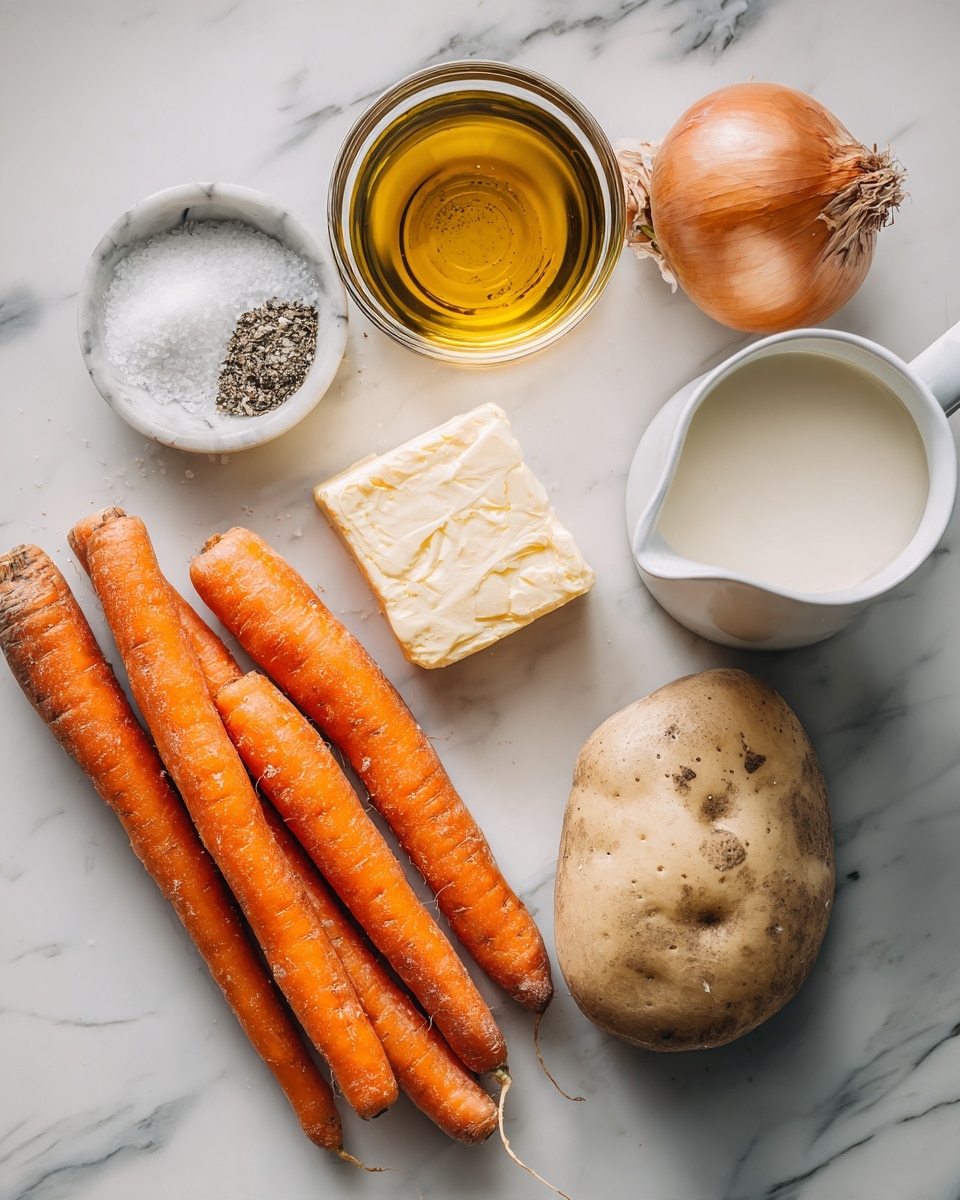 The image shows several cooking ingredients placed on a white marbled surface. In the top left is a small white bowl with salt and pepper, next to a larger glass bowl filled with golden olive oil. Beside it, there is an onion with brown skin and a small square piece of orange butter in front of it. To the right, a white jug holds fresh cream. At the bottom left, a bunch of bright orange carrots with some skin texture and dirt still on them are grouped together, and next to these, a beige potato with slight spots on its skin lies on the surface. photo taken with an iphone --ar 4:5 --v 7