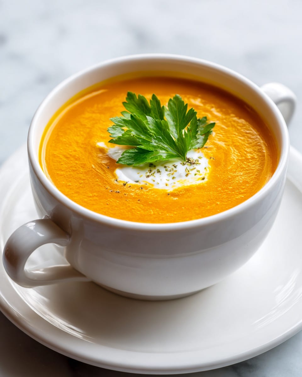 A smooth orange-colored soup fills a white bowl with two small handles on each side, resting on a white plate. In the center of the soup, there is a dollop of white cream with a fresh green parsley leaf on top, adding a pop of color and texture. The bowl is placed on a white marbled surface that softly contrasts with the bright soup. The photo is close-up, focusing on the soup and its garnish, showing the creamy texture clearly. photo taken with an iphone --ar 4:5 --v 7