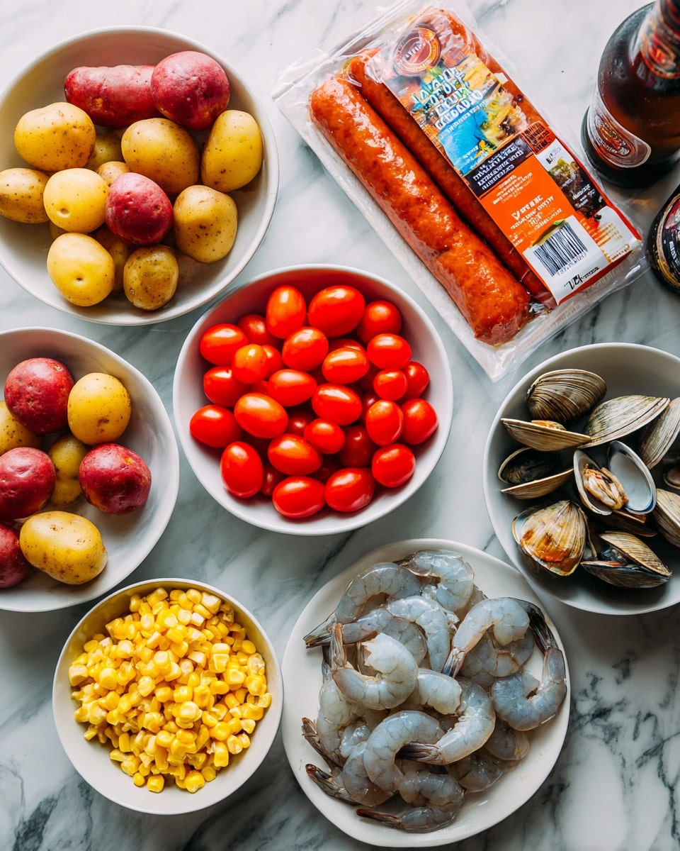 The image shows various fresh ingredients arranged on a white marbled surface. There is a white bowl with halved cherry tomatoes in bright red shades in the center. To the left, a white bowl contains small red and yellow potatoes, some cut in halves, showing their smooth texture. Below is a white bowl filled with yellow corn pieces cut into rounds, showing their kernels clearly. On the right side, a white bowl holds clams with dark, shiny shells. In front of the clams, a white plate displays raw shrimp with translucent white and grayish-blue flesh. Above these items, a package of bright orange Cajun style smoked sausage lies flat, showing its shiny plastic wrapping and label. A brown bottle of beer and a container of seasoning are partially visible in the top corners. The photo taken with an iphone --ar 4:5 --v 7