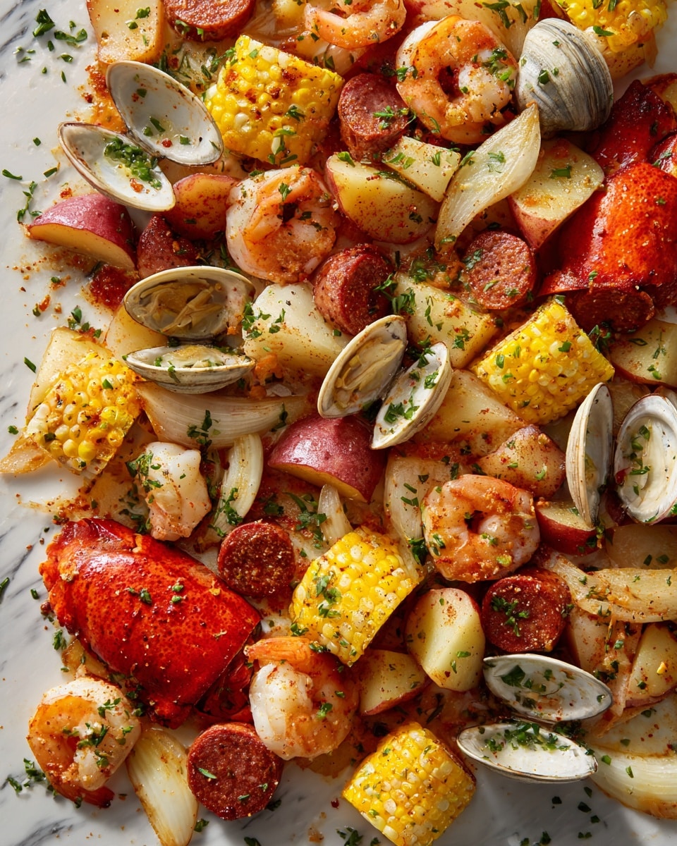 The image shows a close-up of a mixed seafood and vegetable dish on a white surface with a white marbled texture. The dish has several layers of different ingredients: bright red lobster tail on the bottom left, golden yellow corn cut into small rounds in the middle, orange cooked shrimp scattered throughout, and round slices of reddish sausage peeking through. There are also halves of clam shells with a gray-speckled top and white inside placed all over. Red-skinned potato pieces with a soft white inside are spread evenly, along with chunks of light-colored onion and lemon wedges adding a bright yellow touch. Green herbs are sprinkled on top, giving a fresh look. The whole mix has a slightly oily, spiced coating giving a warm, rich color. photo taken with an iphone --ar 4:5 --v 7