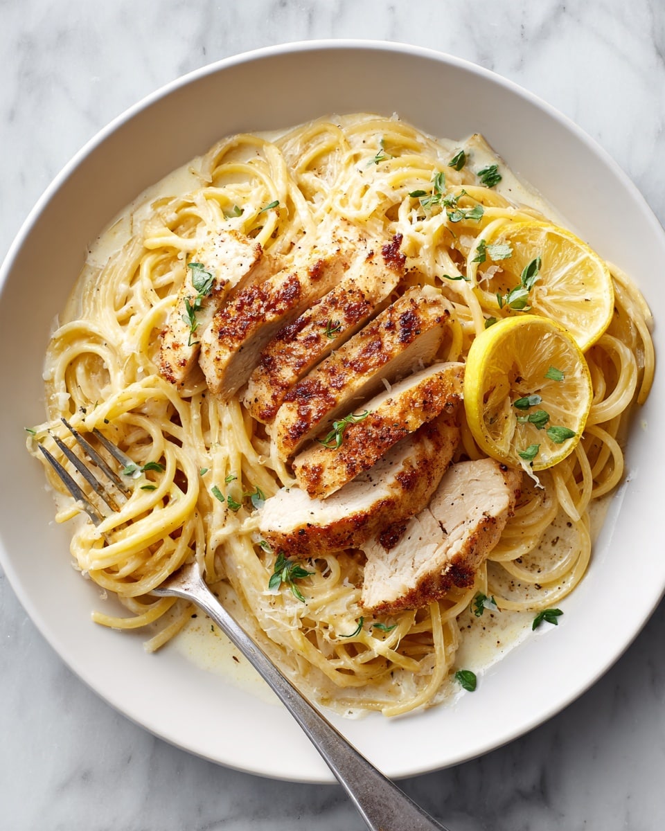 A white round plate on a white marbled surface holds a nest of light yellow spaghetti noodles soaked in a creamy sauce. On top, there is a piece of golden-brown cooked chicken sliced into five thick pieces, resting across the noodles. Thin lemon slices with a light yellow color and some green herbs are placed on the right side of the chicken. A silver fork is positioned at the bottom edge of the plate, partly tangled in the spaghetti. The overall look is warm and inviting. photo taken with an iphone --ar 4:5 --v 7