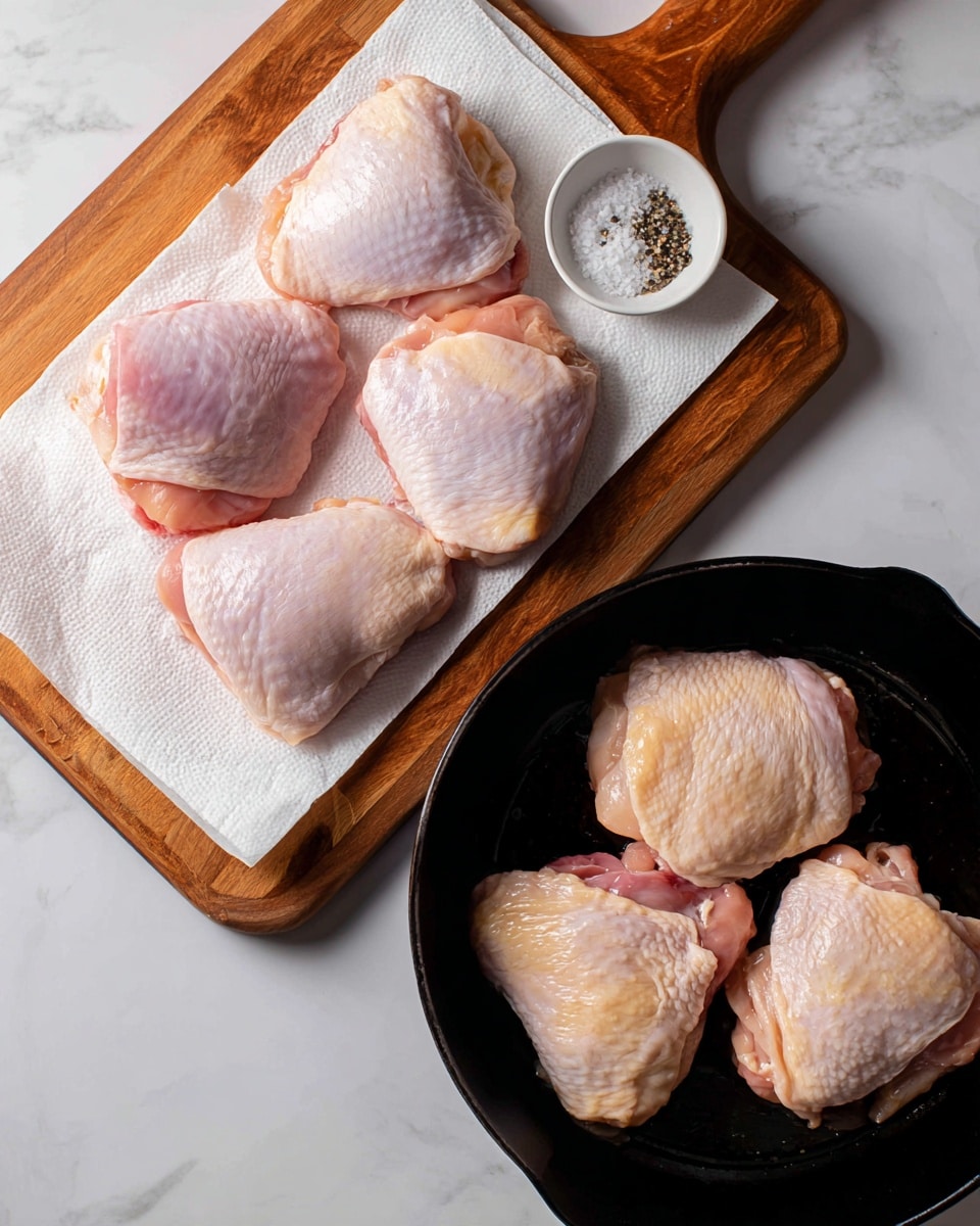The image shows two parts: on the left, five raw chicken thighs with pale pink skin, white fat, and light yellow skin layers lie on white paper towels spread over a wooden cutting board, sprinkled with black pepper and salt. Above the chicken pieces, there is a small white bowl with salt and pepper inside. On the right, four raw chicken thighs with pale pink flesh and white fat are placed in a black cast iron pan, showing some moisture and slight cook marks, ready to cook. The whole scene is on a white marbled surface. photo taken with an iphone --ar 4:5 --v 7