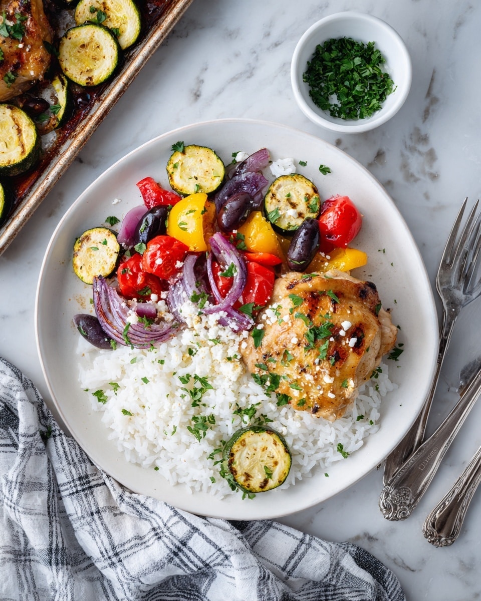 A white round plate holds four layers: the bottom layer is white cooked rice with a fluffy texture; on its right edge is a small piece of grilled zucchini with light grill marks; the middle layer is a colorful mix of grilled vegetables including red cherry tomatoes, yellow bell pepper pieces, slices of zucchini, black olives, and thin wedges of purple onion, all sprinkled with small bits of white feta cheese and chopped green parsley; the top layer is a golden brown cooked chicken thigh with a slightly crispy skin, also sprinkled with chopped parsley; scattered fresh parsley leaves decorate the plate edges. The plate sits on a white marbled surface, next to a grey and white checkered cloth napkin with a silver fork and knife resting on it. A small white bowl with chopped parsley sits to the upper right, and part of a silver baking tray with similar grilled chicken and vegetables is visible in the top left corner. photo taken with an iphone --ar 4:5 --v 7